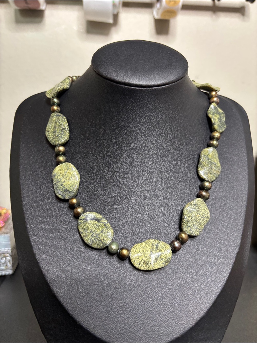 Vintage Green Stone Pearl Handcrafted Southwestern Beaded Necklace